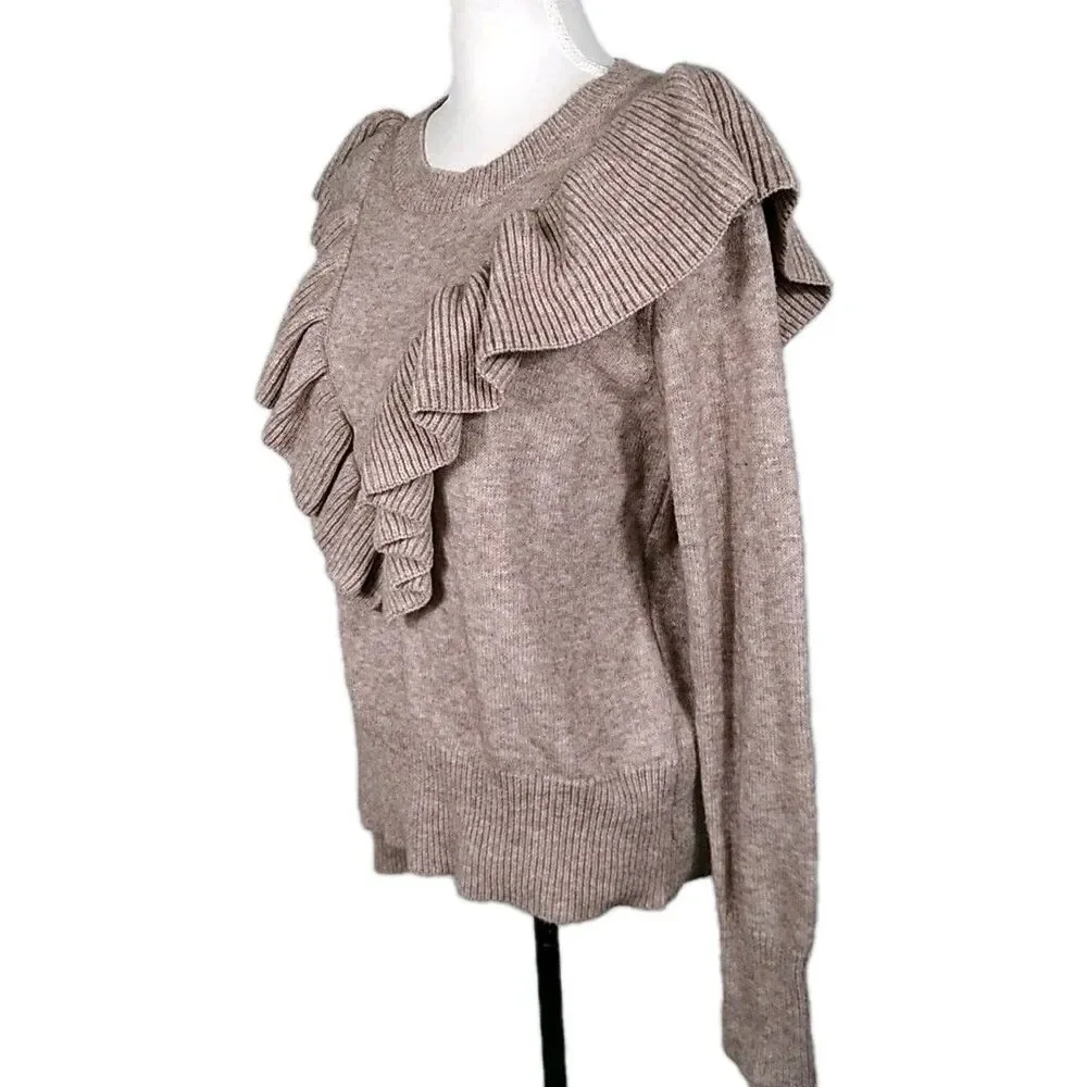 143 STORY Ruffle Sweater Retro 80s 90s Preppy Prep Clean Girl Tan Brown Sz M - Picture 2 of 8